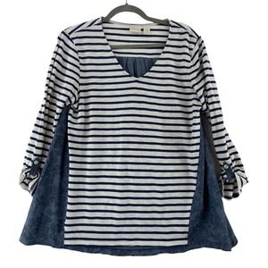 Chicos Womens Sz 2 Large VNeck‎ Top Roll Tab Sleeve Blue Stripe